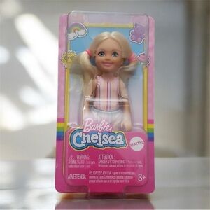 Barbie Chelsea Mattel wearing short set & pink sneakers toy small Barbiecore